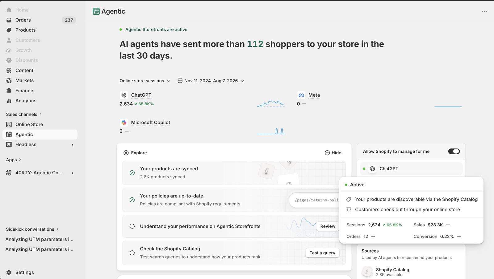 Shopify Agentic sales channel: AI agents sent 112+ shoppers in the last 30 days, with products synced and policies up to date across ChatGPT and Microsoft Copilot