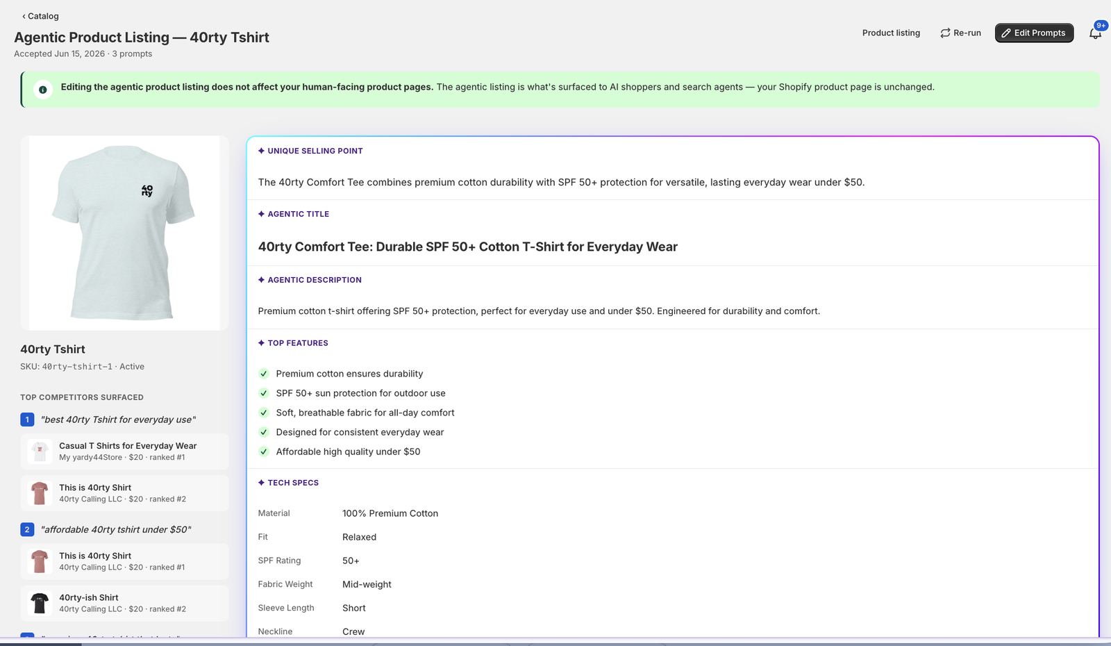 40rty Agentic Product Listing editor showing the Unique Selling Point, agentic title, description, top features and tech specs surfaced to AI shoppers, separate from the human-facing product page
