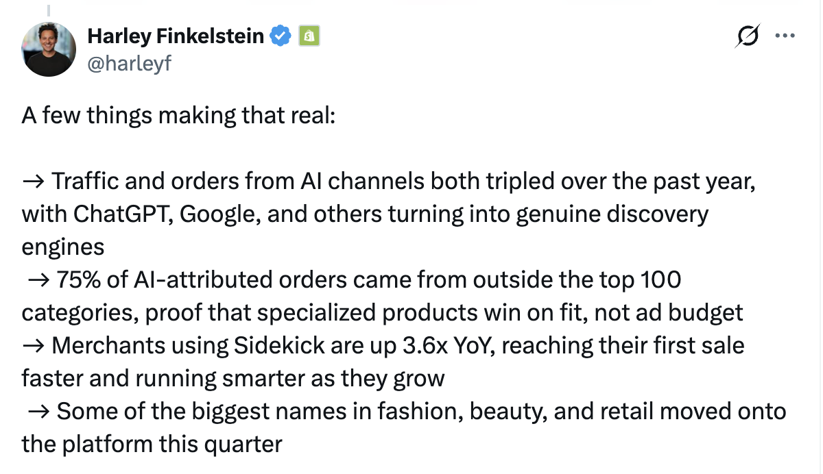 Harley Finkelstein on X: AI traffic and orders both tripled year over year, and 75% of AI-attributed orders came from outside the top 100 categories