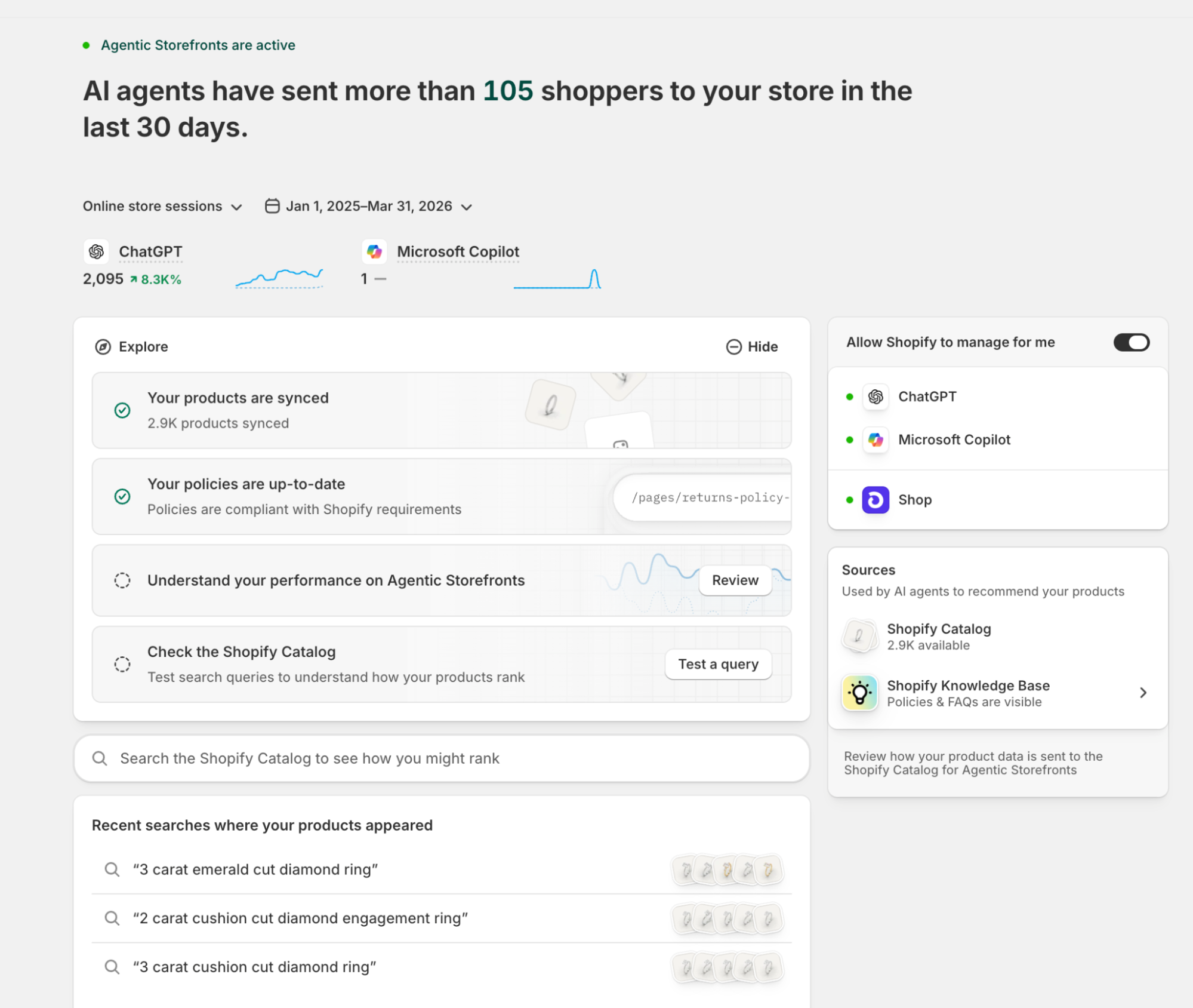 Shopify's Agentic Storefronts admin channel - AI agent sessions by ChatGPT and Microsoft Copilot, catalog sync status and a query tester