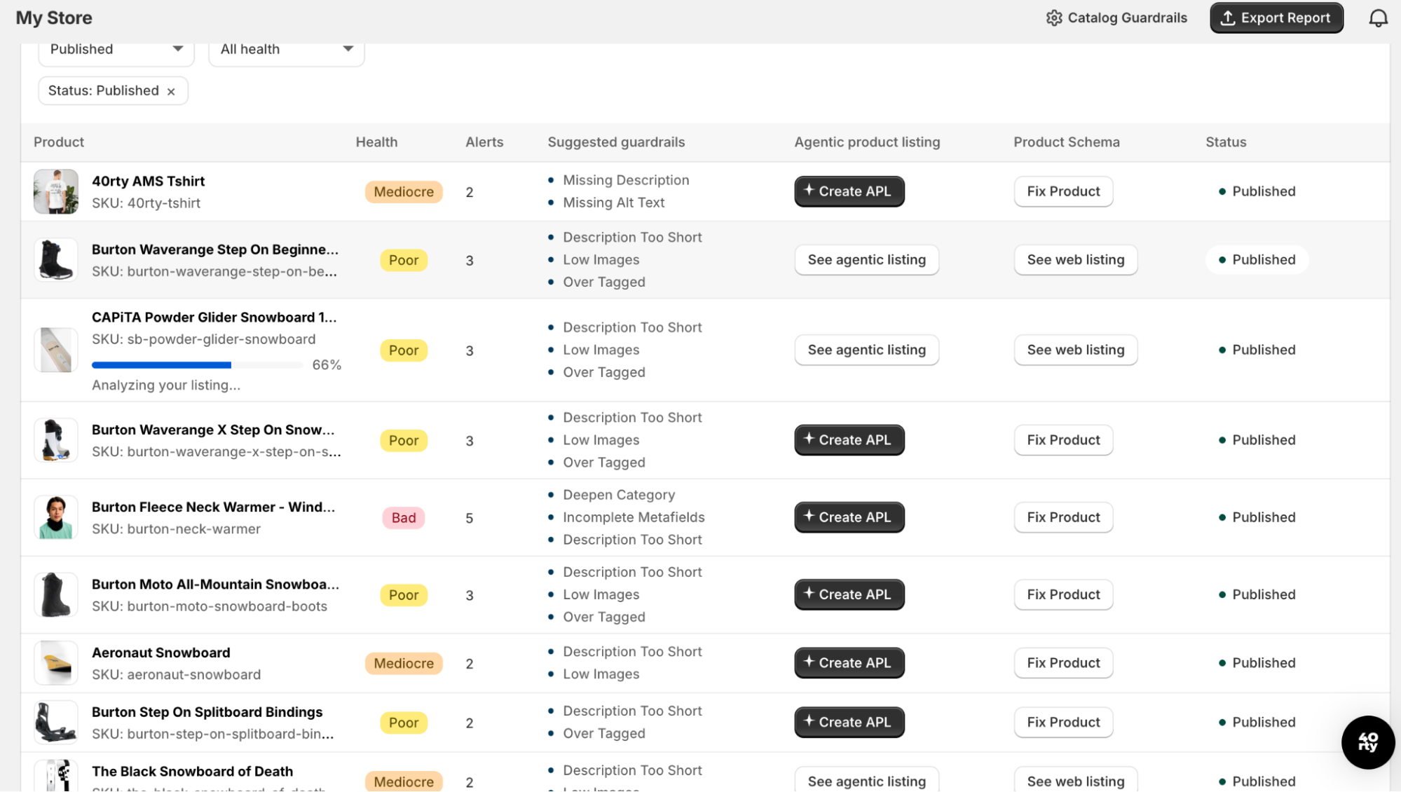 40rty Catalog Guardrails scoring listing health and flagging thin descriptions, over-tagging and missing alt text