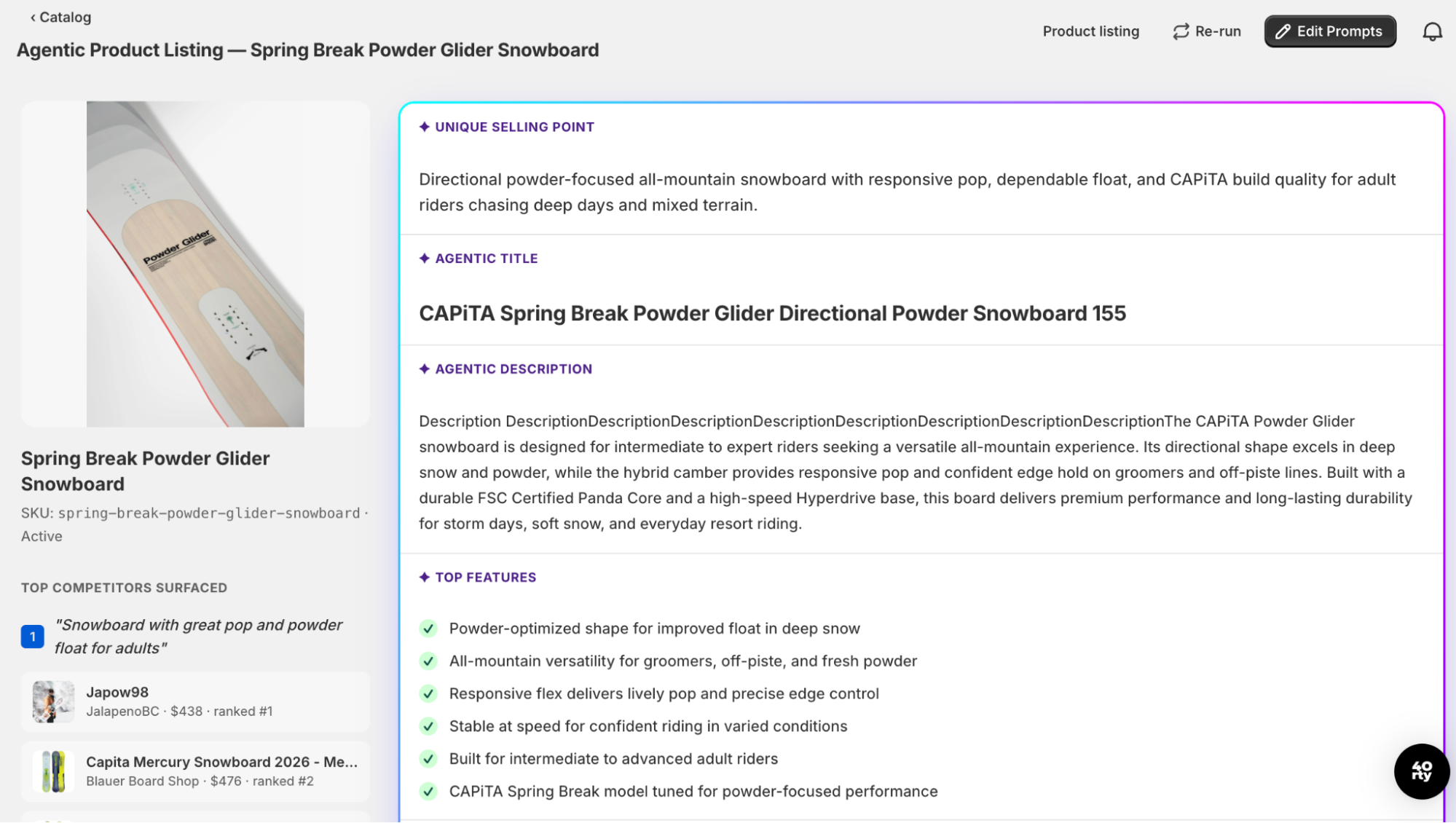 40rty Agentic Product Listing editor - Unique Selling Point, agent-facing title, decision-driven description and Top Features written as personas and use cases