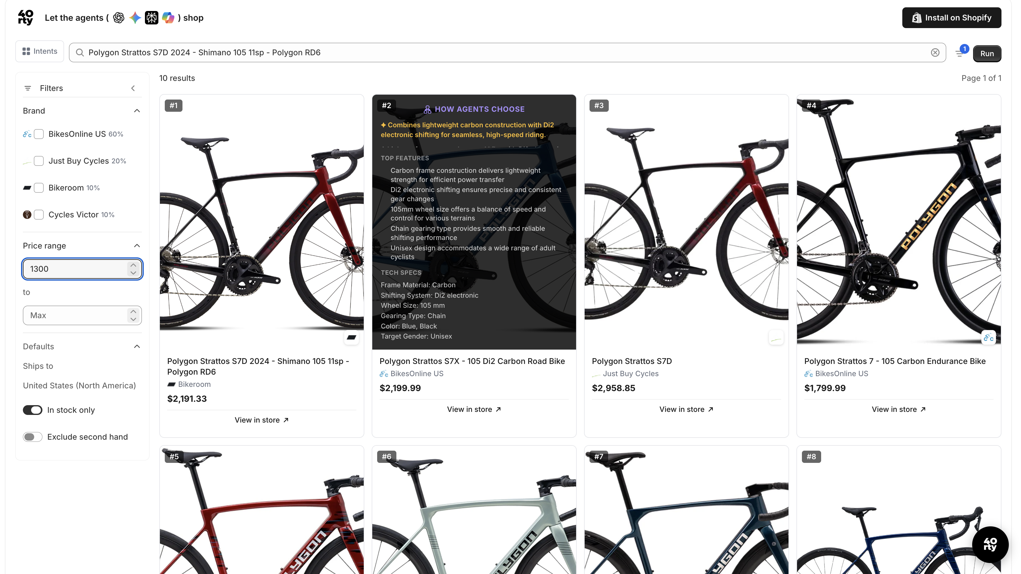 40rty Catalog Explorer showing bike search results with 'How Agents Choose' overlay highlighting top features and tech specs