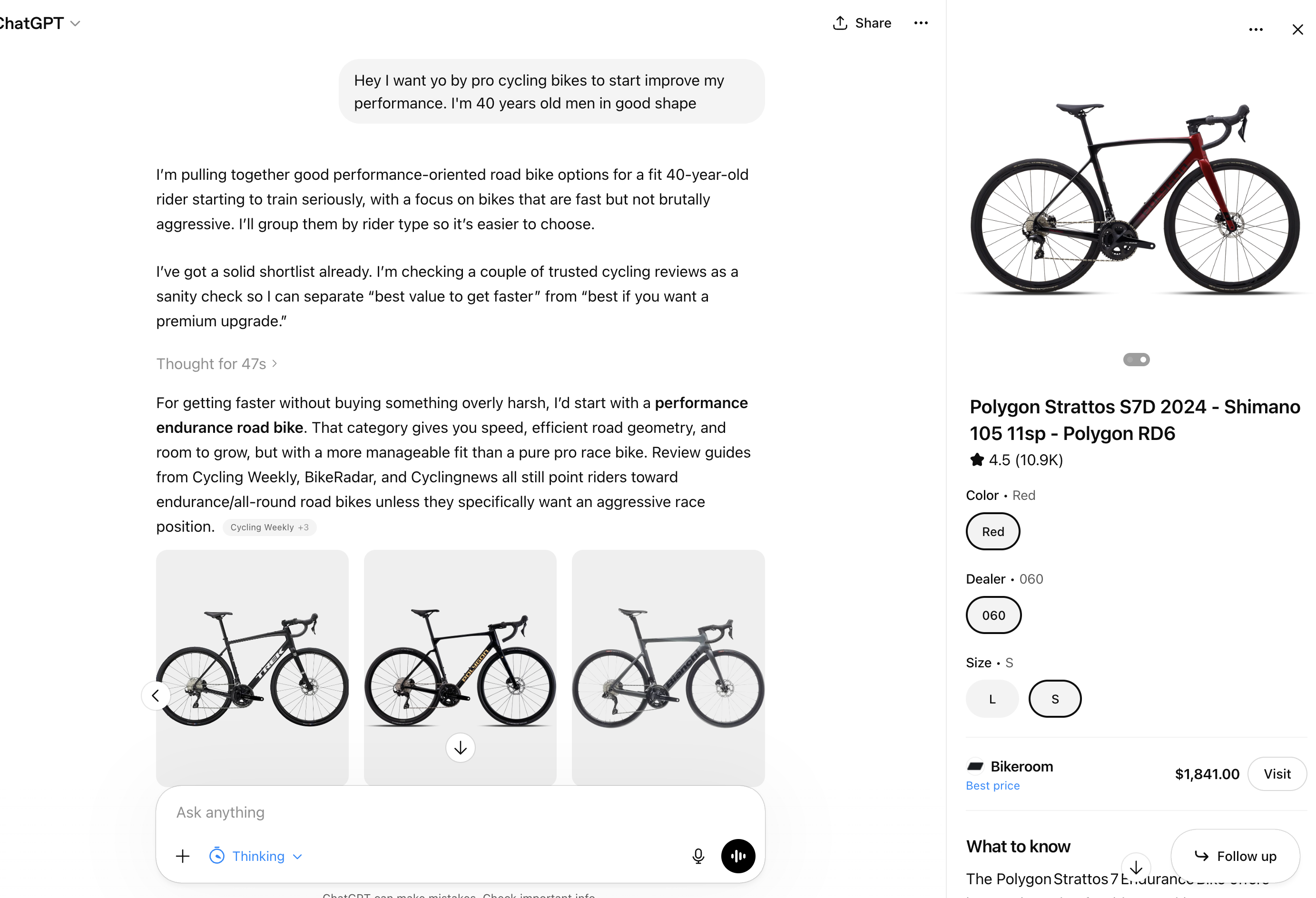 ChatGPT shopping interface showing a Polygon road bike recommendation with product card, price, and variant options