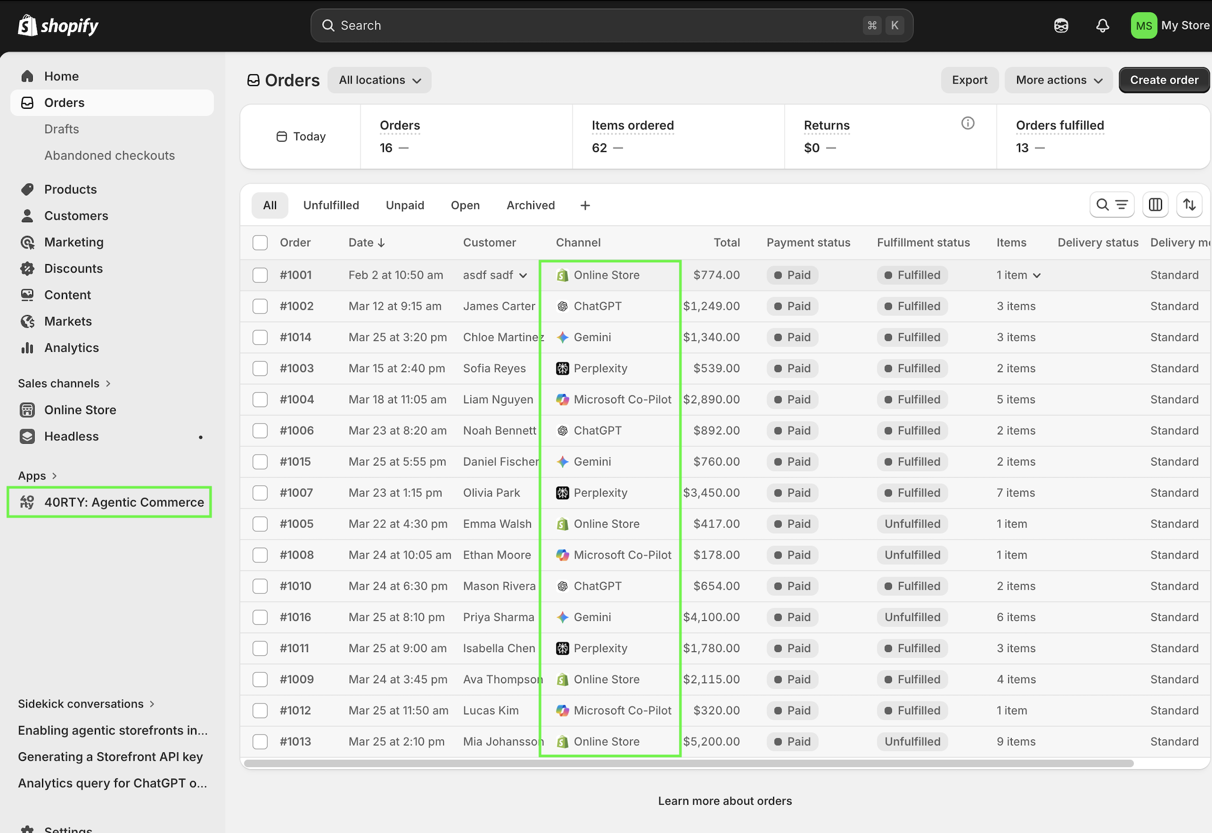 Shopify Orders dashboard showing orders attributed to ChatGPT, Gemini, Perplexity, and Microsoft Co-Pilot channels