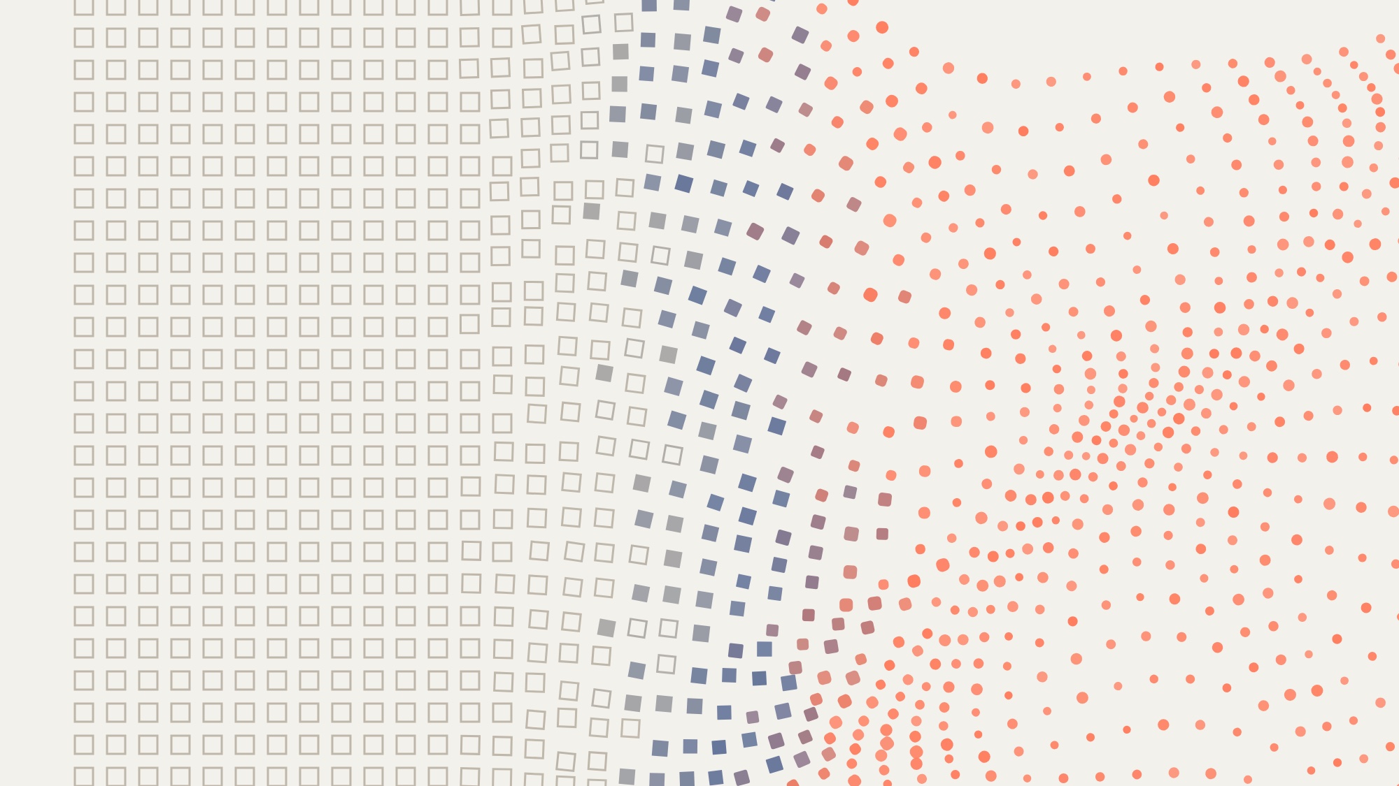 A strict grid of grey outlined squares on warm stone that loosens from left to right, the squares tilting, turning blue and then flowing into scattered coral dots