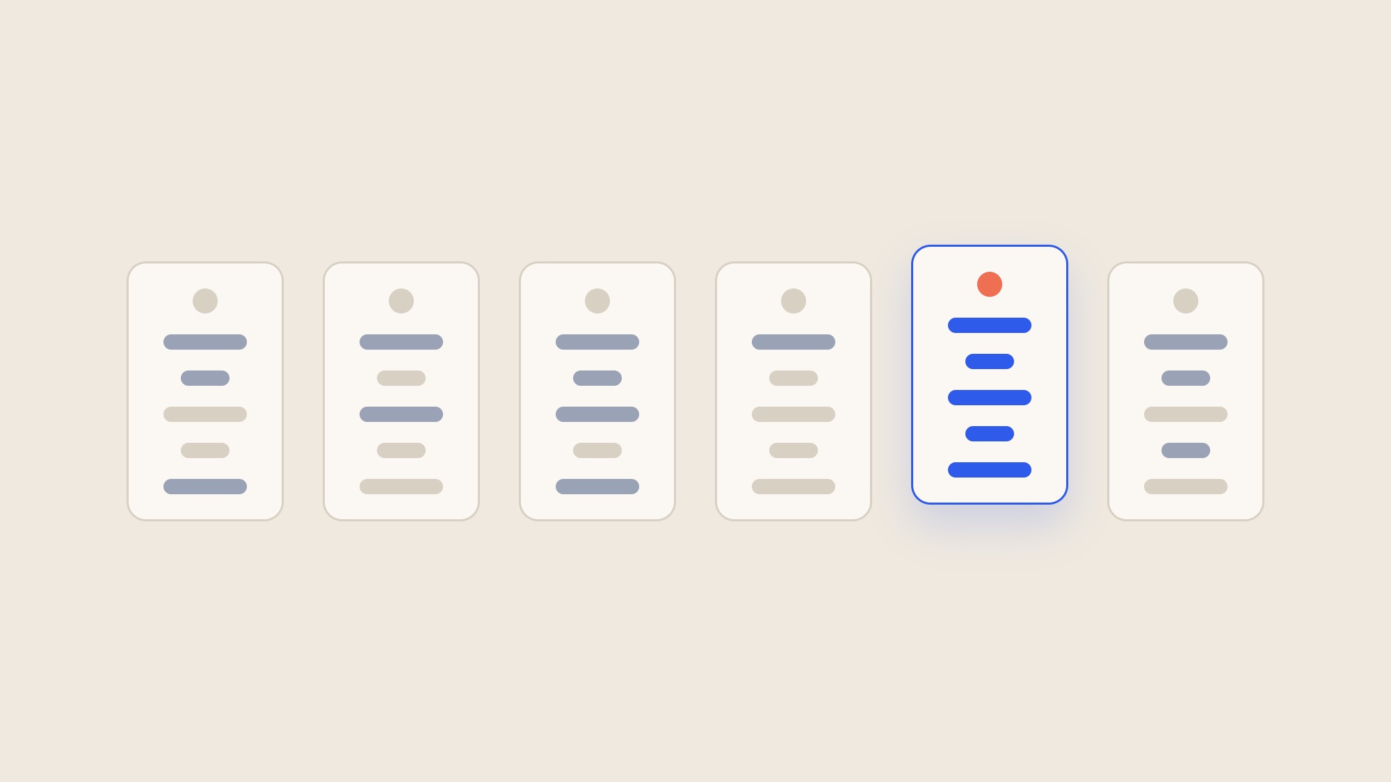 Six pale outlined cards in a row on warm stone, each with grey and beige bars, one card raised and outlined in blue with a coral dot