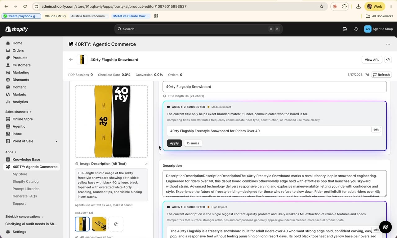 The AgentIQ listing editor showing an inline suggestion with its impact level, reason and a ready-to-apply replacement.