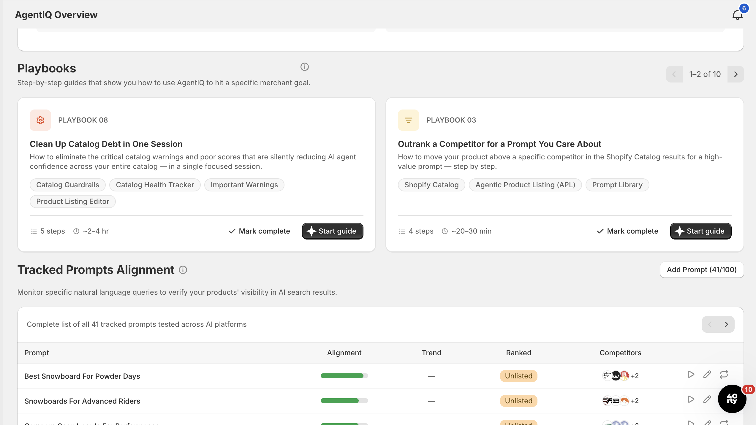 The Playbooks section of the AgentIQ Overview, showing step-by-step guides like Clean Up Catalog Debt and Outrank a Competitor, each with tagged features, step counts and time estimates.