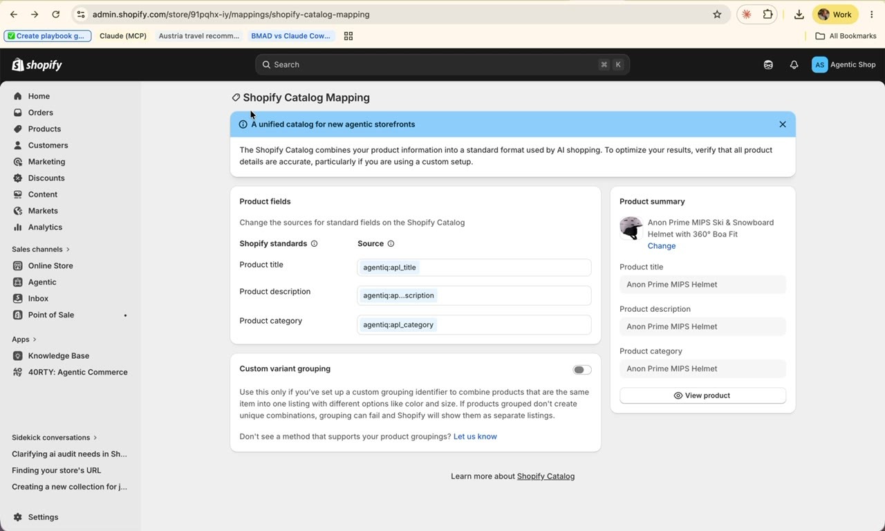 Shopify Catalog Mapping screen, AgentIQ fields mapped to Shopify catalog fields with a live product summary preview.